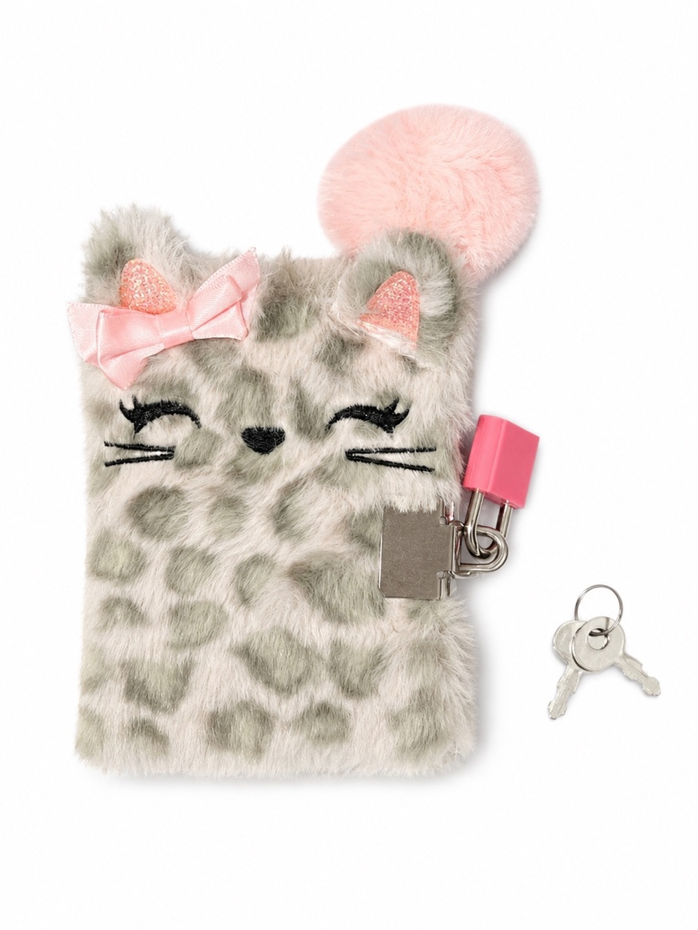 Claire’s Leopard Print Cat Plush Mini Locking Diary & Pom-Pom Pen Set NWT